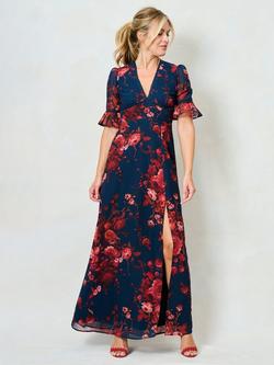 Hope & Ivy The Coraline Thigh Split Maxi Dress, Blue/Multi, Blue/Multi