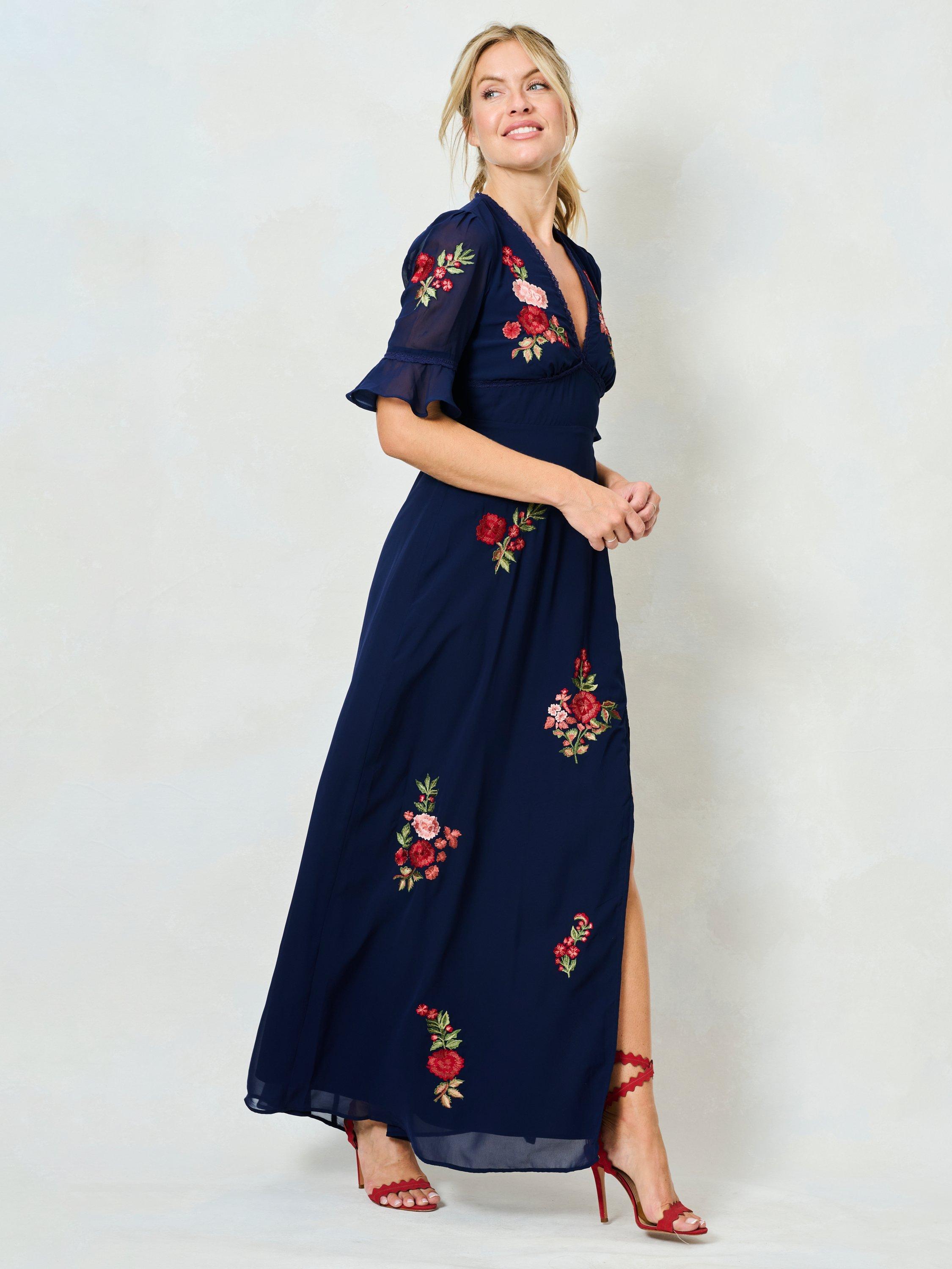 Product image 2 of 5, which shows Hope & Ivy The Giana Thigh Split Maxi Dress, Blue/Multi, 6