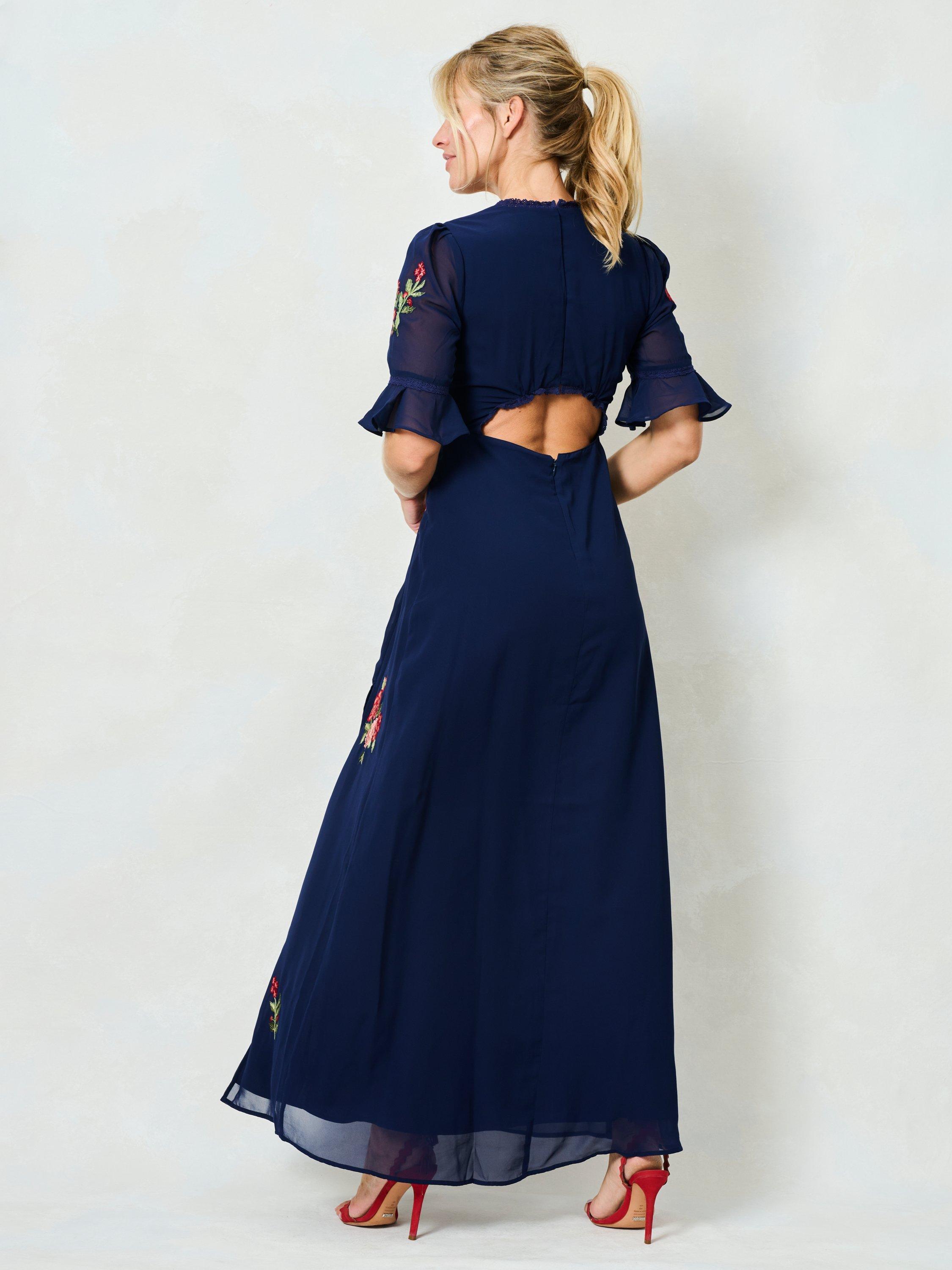 Product image 3 of 5, which shows Hope & Ivy The Giana Thigh Split Maxi Dress, Blue/Multi, 6