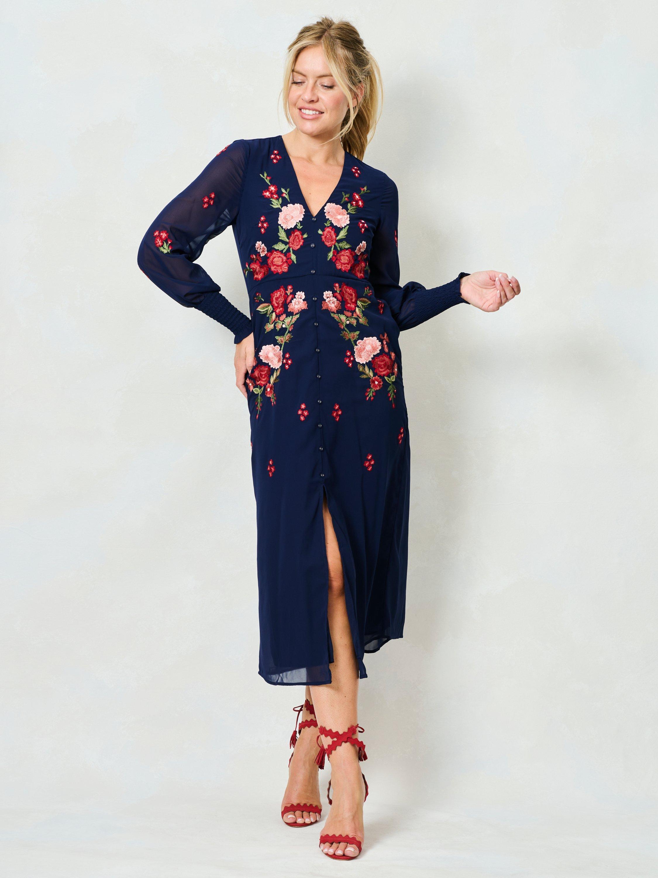 Product image 1 of 6, which shows Hope & Ivy The Jodie V-Neck Front Split Midi Dress, Blue/Multi, 6