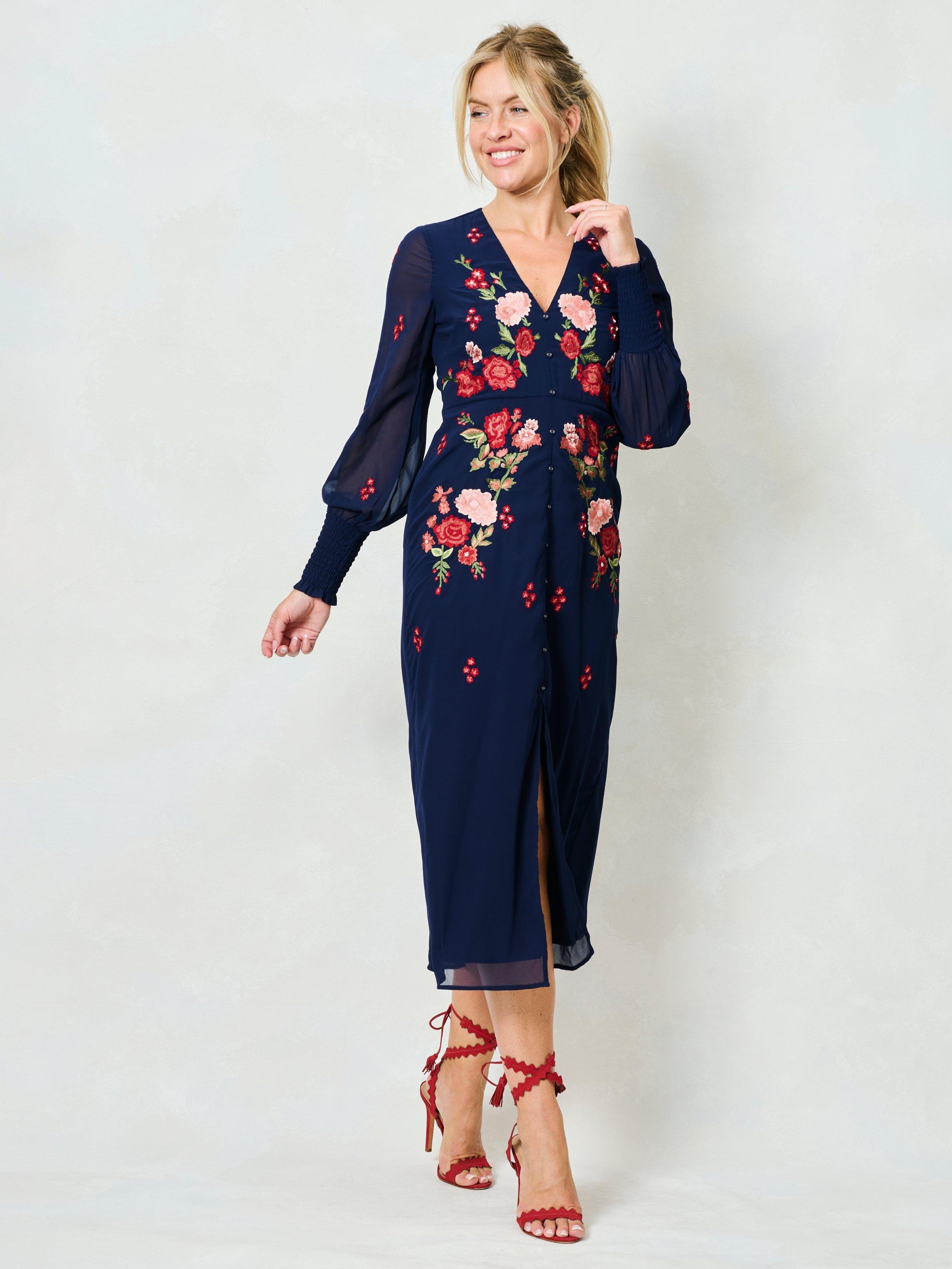 Product image 2 of 6, which shows Hope & Ivy The Jodie V-Neck Front Split Midi Dress, Blue/Multi, 6