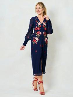 Hope & Ivy The Jodie V-Neck Front Split Midi Dress, Blue/Multi - view 2, Blue/Multi