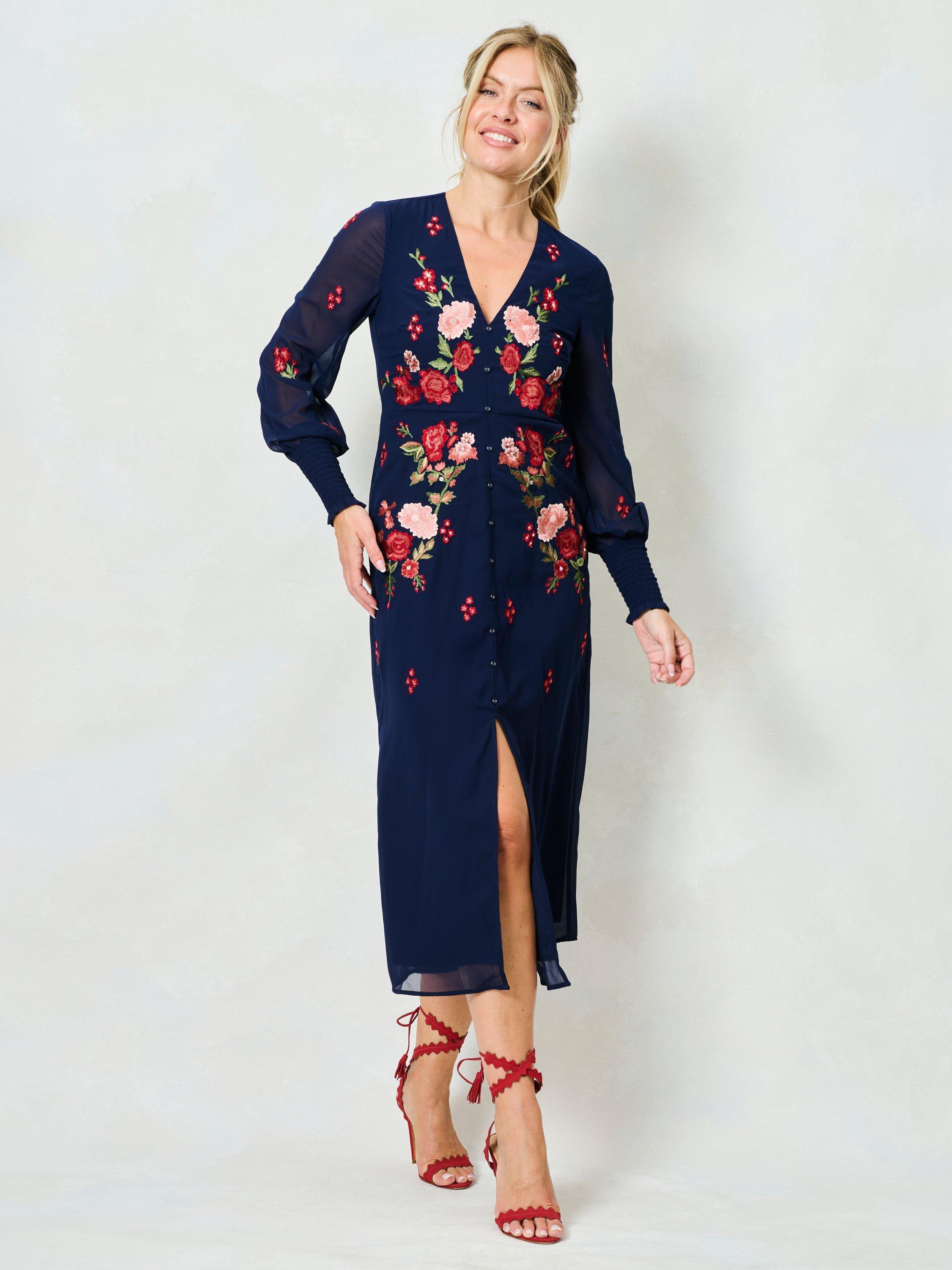 Product image 3 of 6, which shows Hope & Ivy The Jodie V-Neck Front Split Midi Dress, Blue/Multi, 6