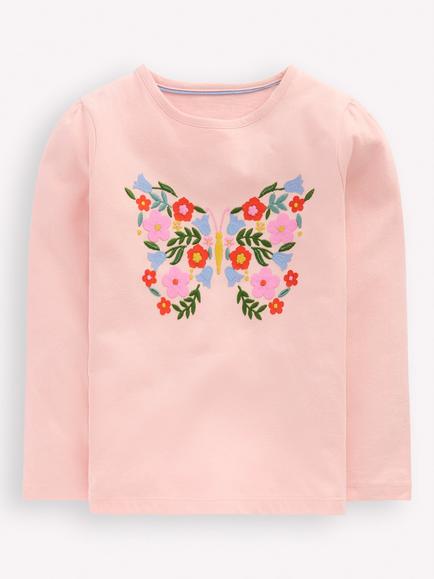 Mini Boden Kids' Butterfly Appliqué Long Sleeve T-Shirt, Chalk Pink Butterfly, Chalk Pink Butterfly
