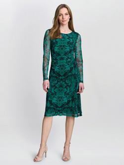 Gina Bacconi Carrie Botanical Mesh Sleeve Dress, Black/Green, Black/Green