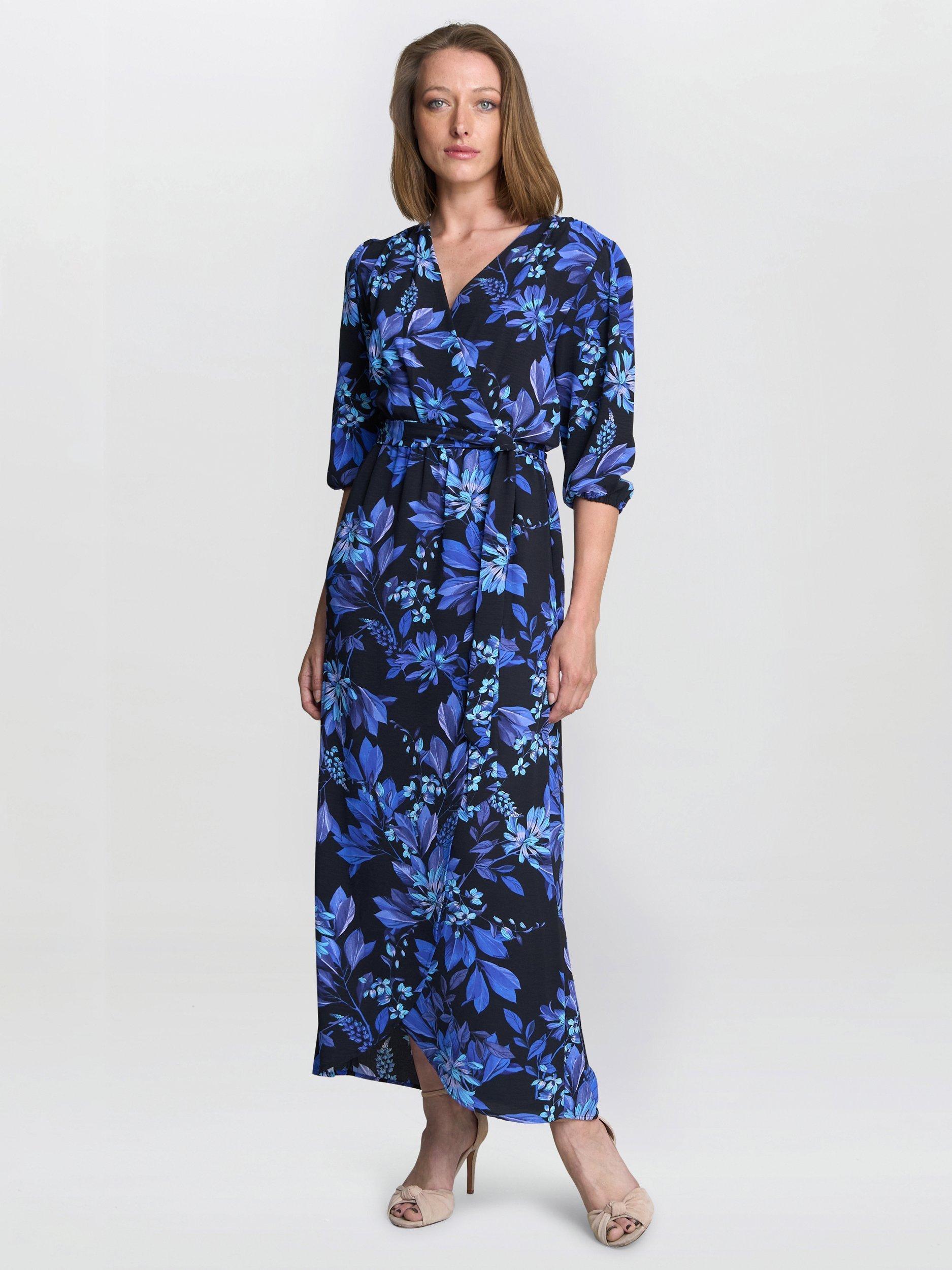 black and blue dress costume Belted Floral Print Illusion Long Sleeve Gown main image 0