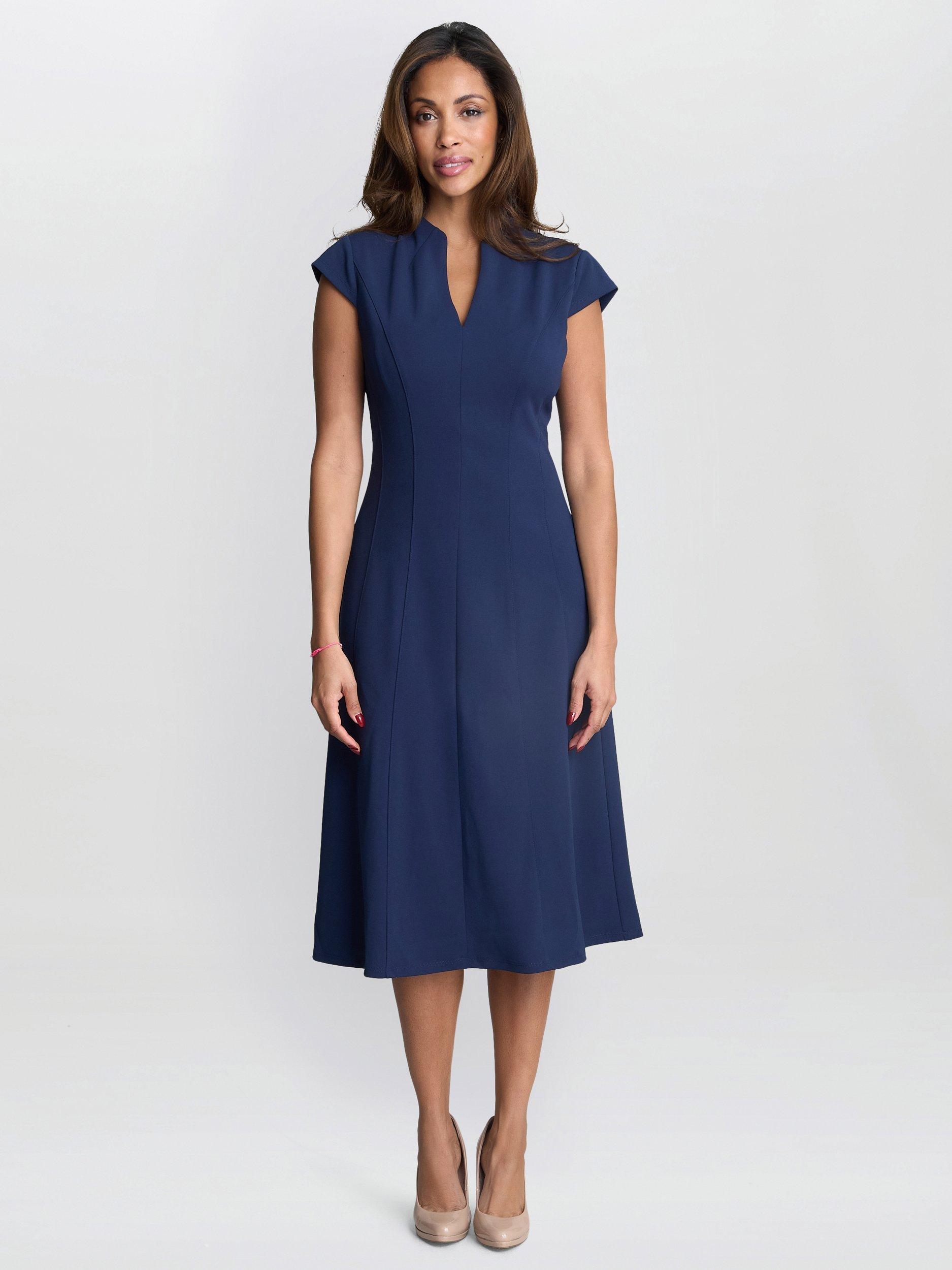 Product image 1 of 5, which shows Gina Bacconi Maxene Flared Midi Dress, Navy, 8