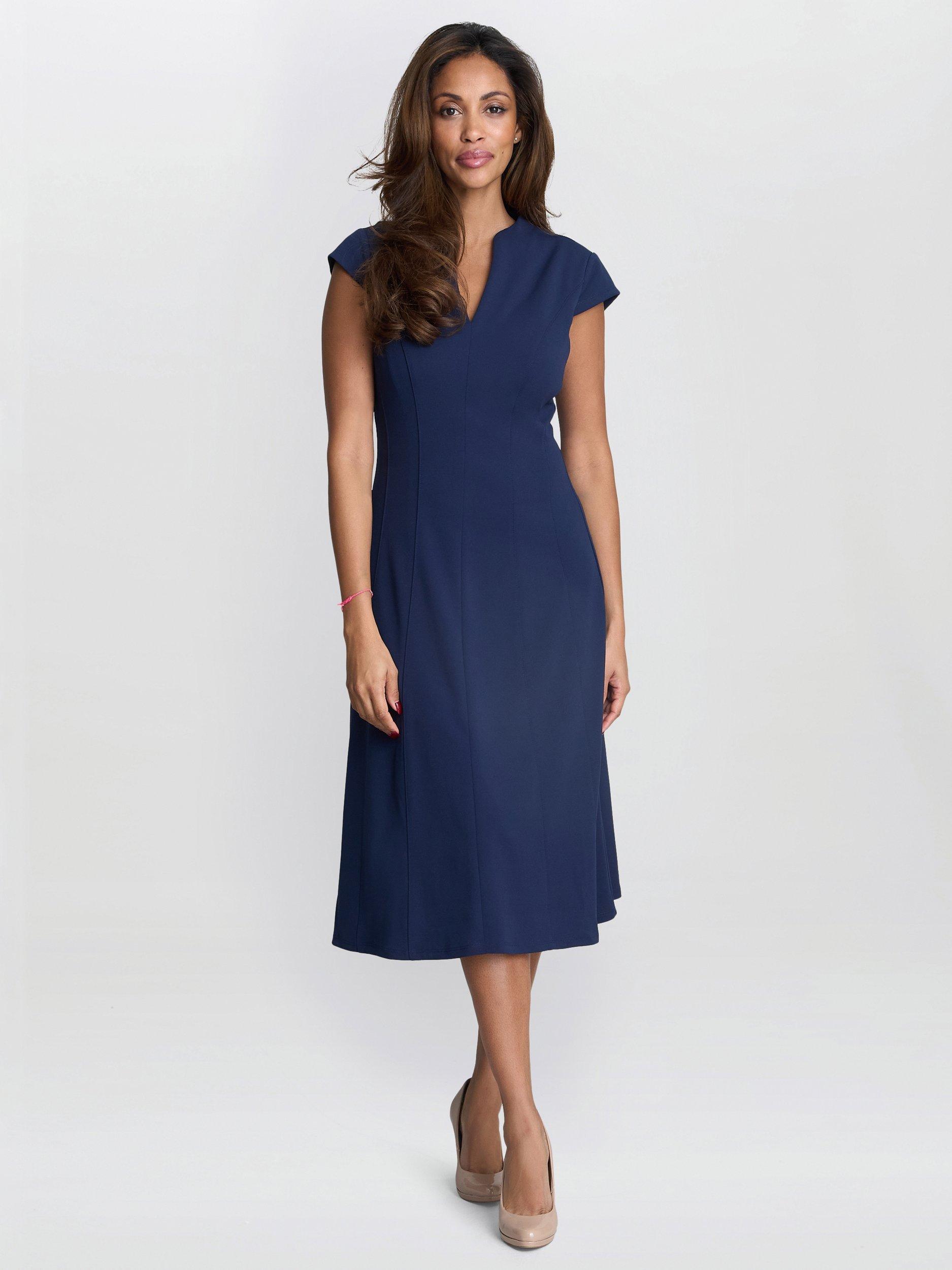 Product image 3 of 5, which shows Gina Bacconi Maxene Flared Midi Dress, Navy, 8