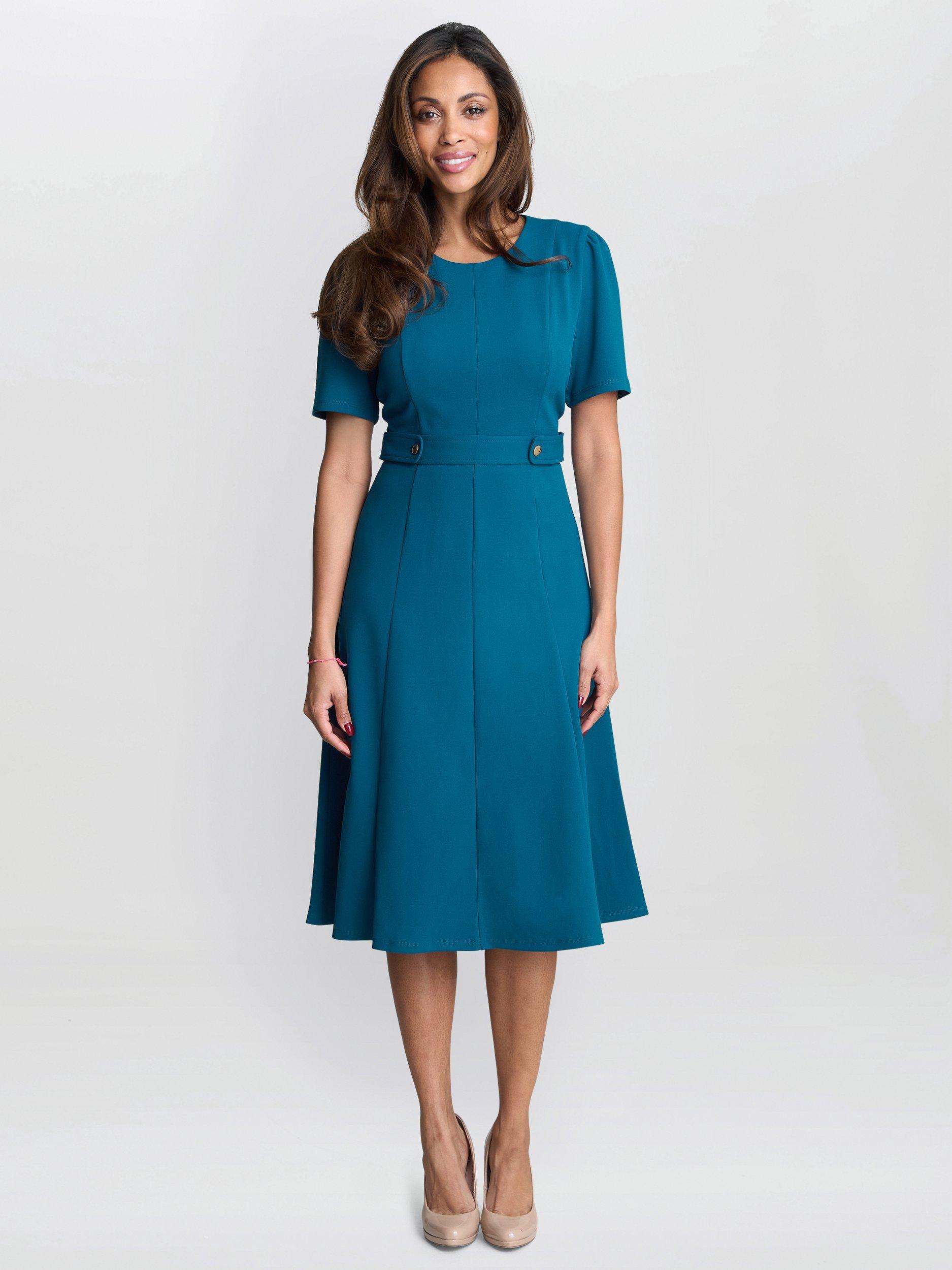 Product image 1 of 5, which shows Gina Bacconi Mel Flared Midi Dress, Petrol, 8