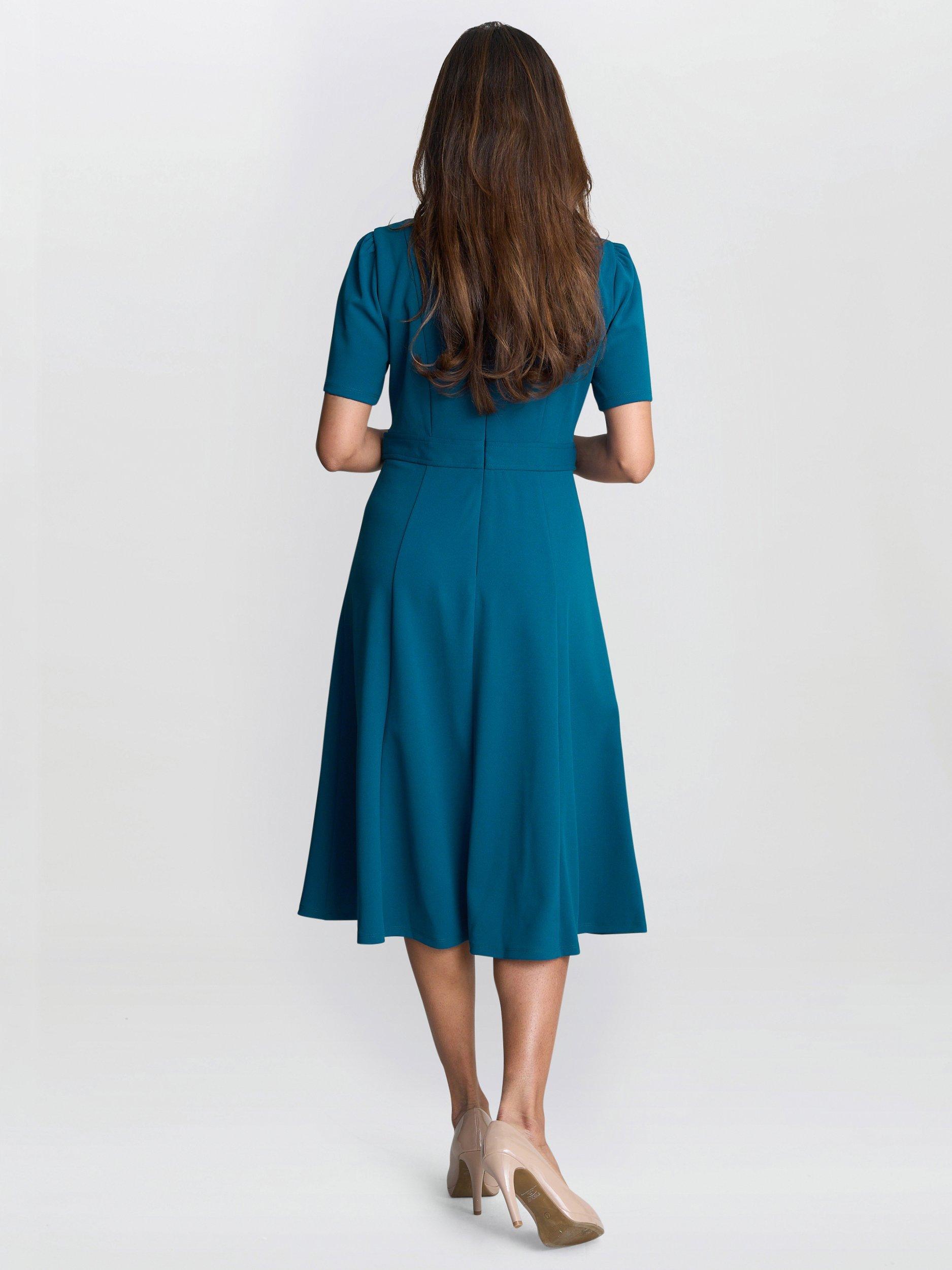 Product image 2 of 5, which shows Gina Bacconi Mel Flared Midi Dress, Petrol, 8