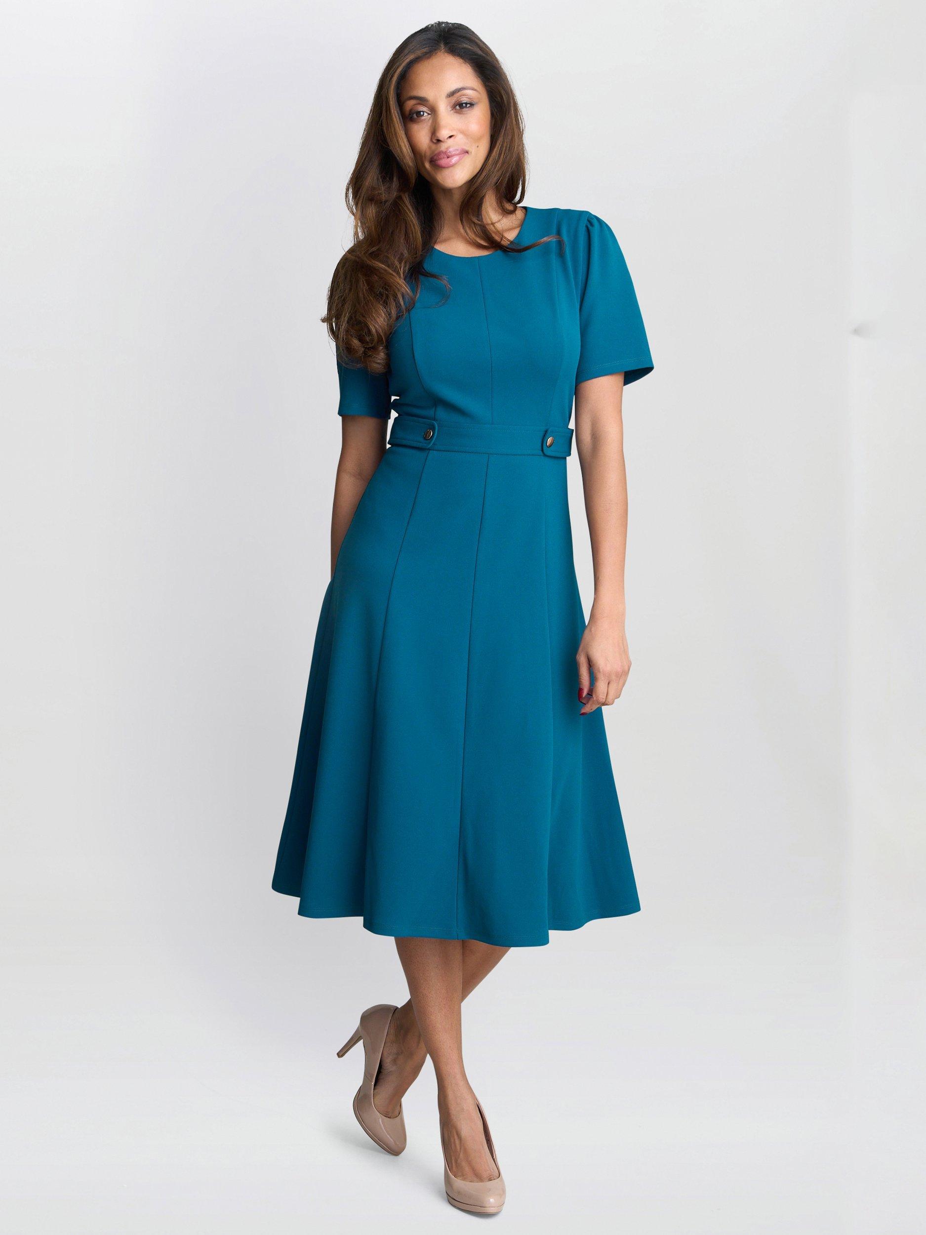 Product image 3 of 5, which shows Gina Bacconi Mel Flared Midi Dress, Petrol, 8