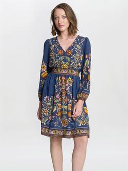 Gina Bacconi Liberty Embroidered Floral Dress, Blue/Pink, Blue/Pink