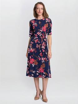 Gina Bacconi Lou Floral Midi Dress, Navy/Red, Navy/Red