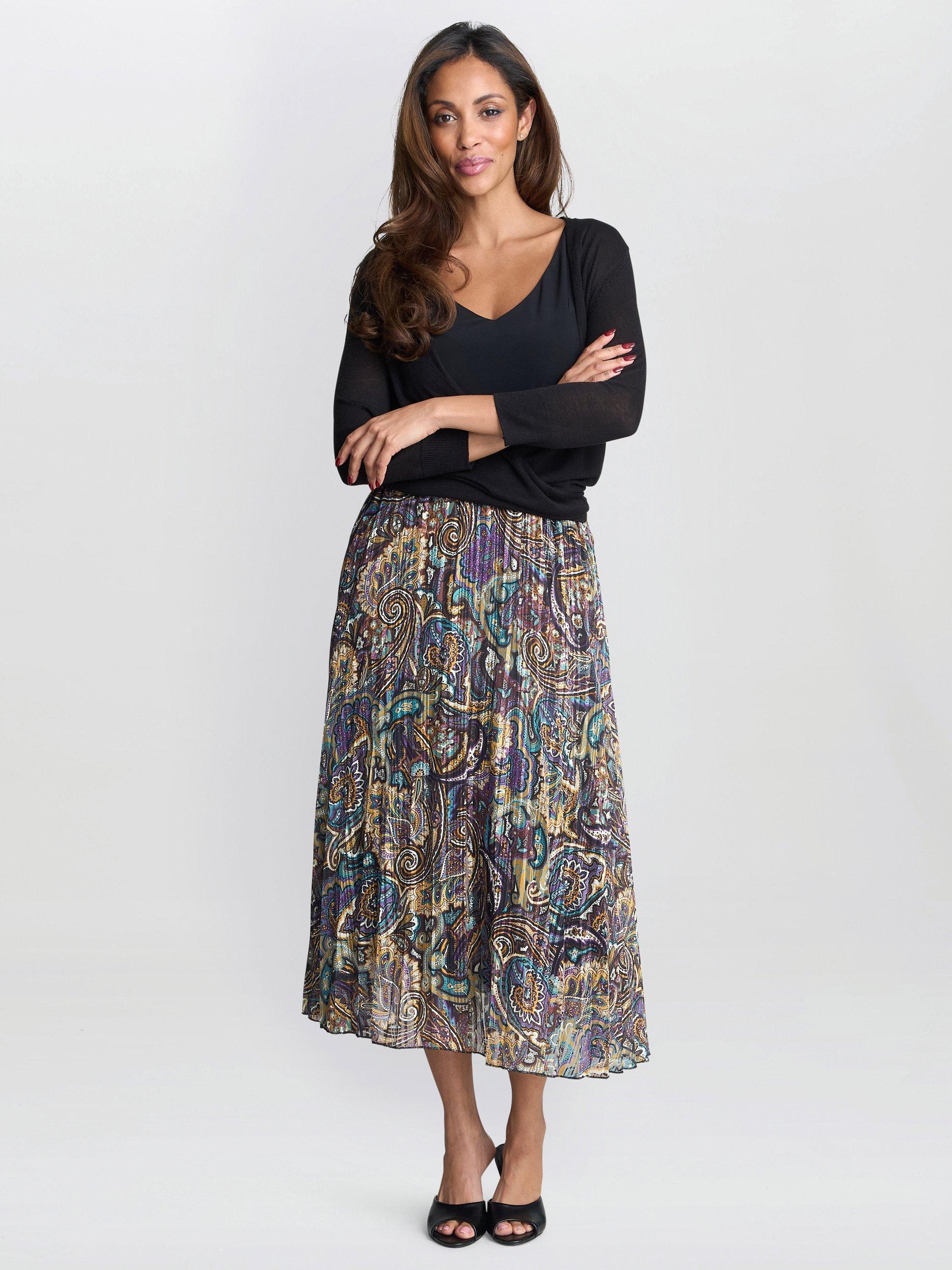 Product image 1 of 5, which shows Gina Bacconi Pleated Jacquard Skirt, Navy, S