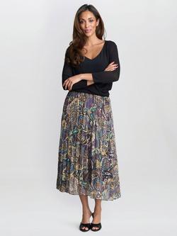 Gina Bacconi Pleated Jacquard Skirt, Navy, Navy