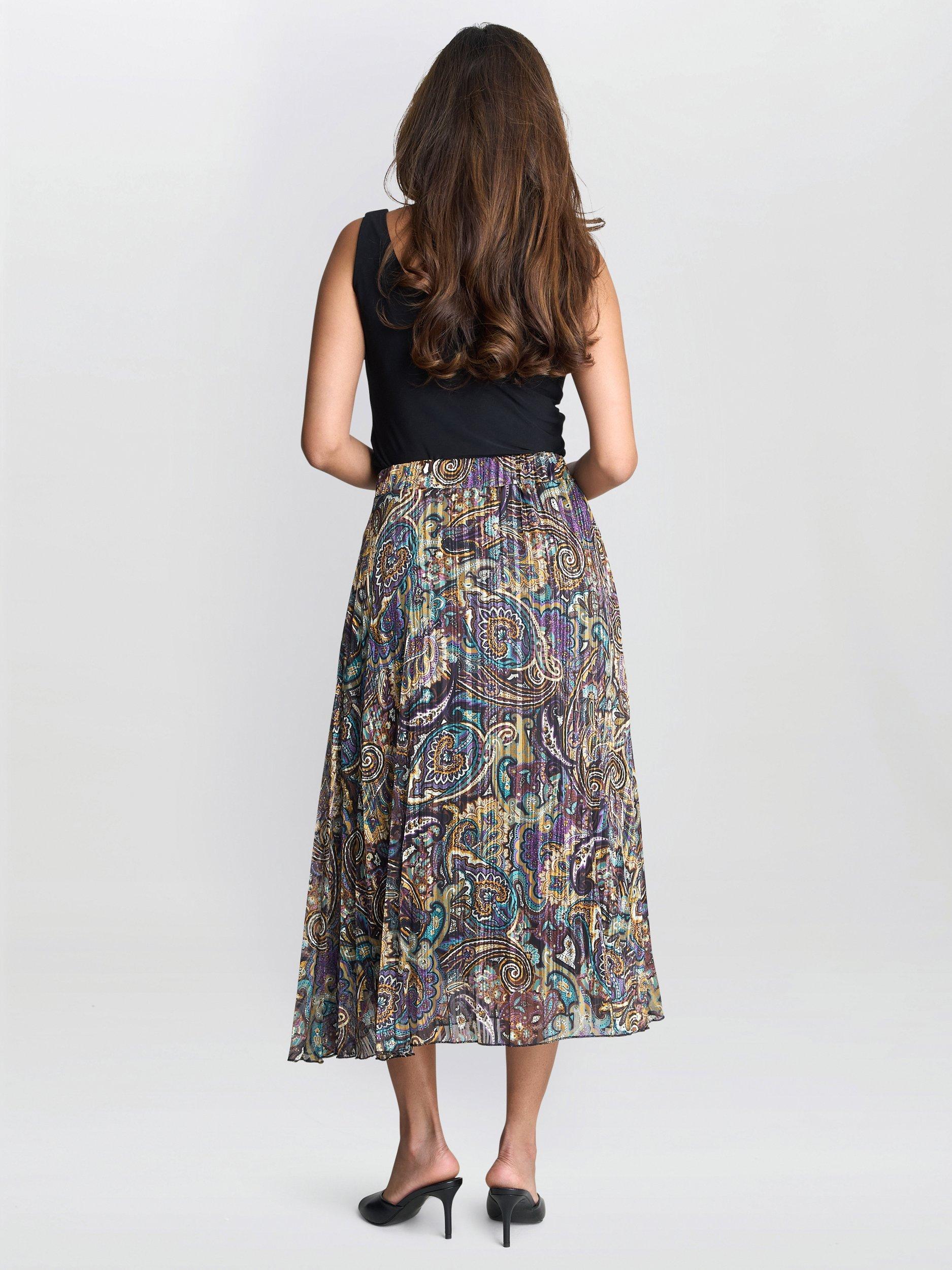 Product image 2 of 5, which shows Gina Bacconi Pleated Jacquard Skirt, Navy, S