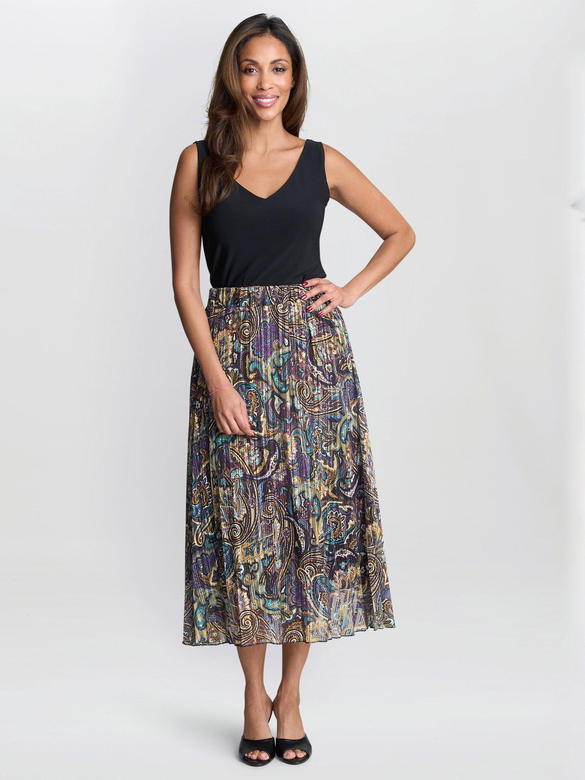 Product image 3 of 5, which shows Gina Bacconi Pleated Jacquard Skirt, Navy, S