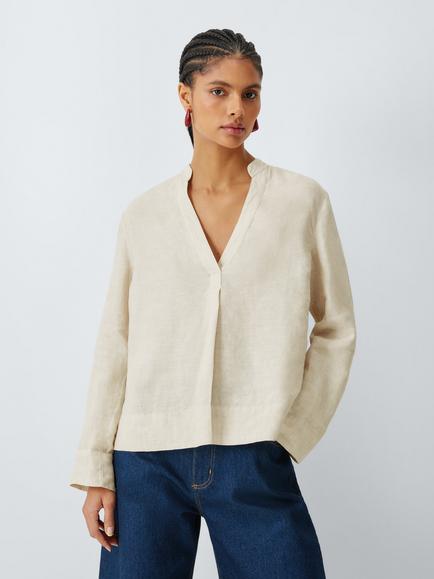 John Lewis Pure Linen V-Neck Top, Neutrals