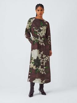 John Lewis Slash Neck Floral Print Midi Dress, Multi, Multi