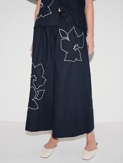 Jigsaw Embroidered Floral Wide Leg Trousers, Navy, Navy