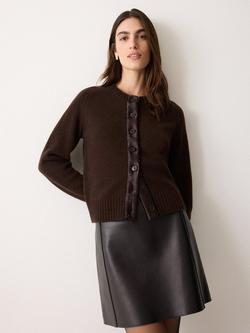 Jigsaw Satin Trim Wool Rich Cardigan, Brown