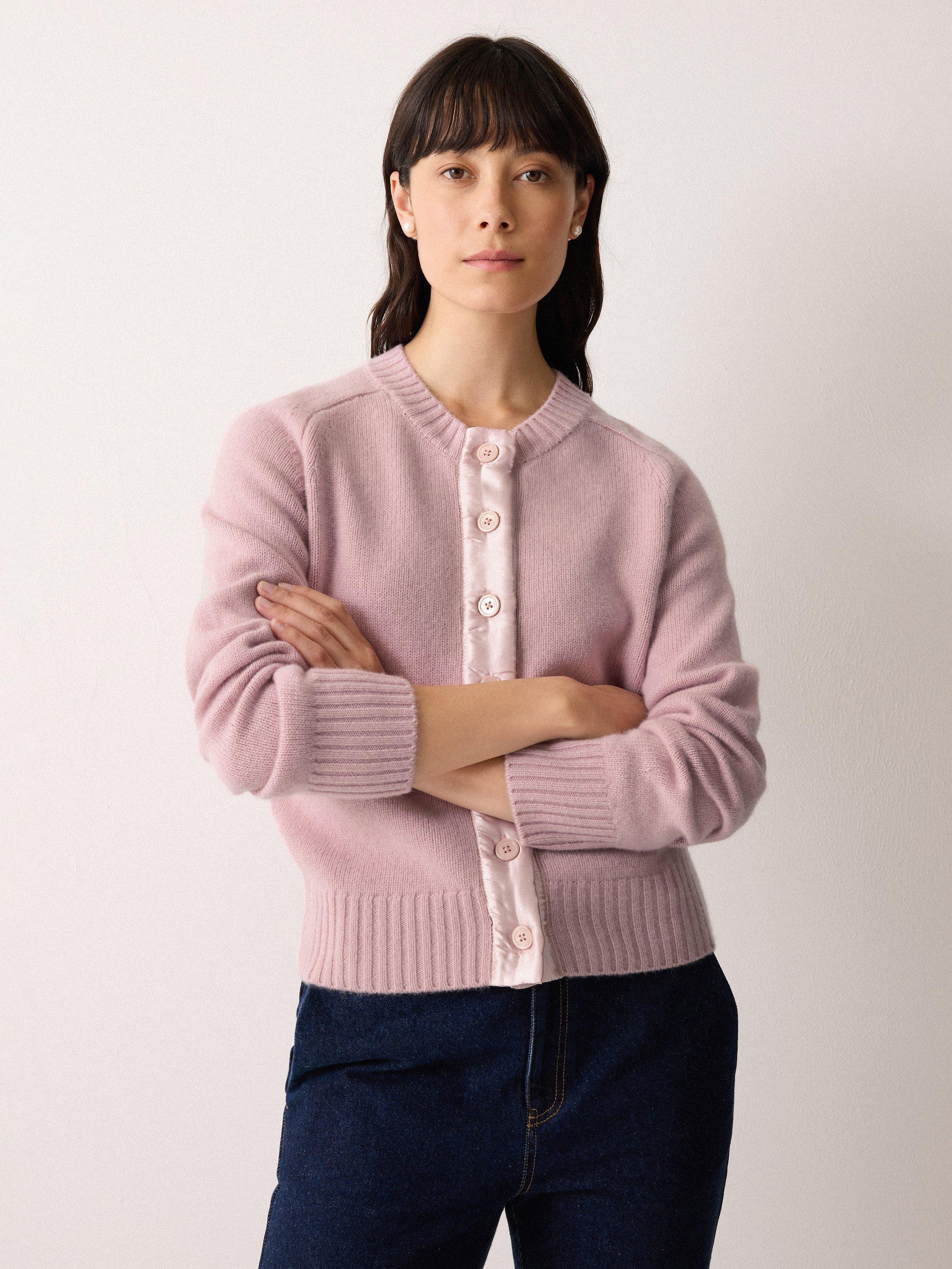Product image 1 of 5, which shows Jigsaw Satin Trim Wool Rich Cardigan, Pink, XS