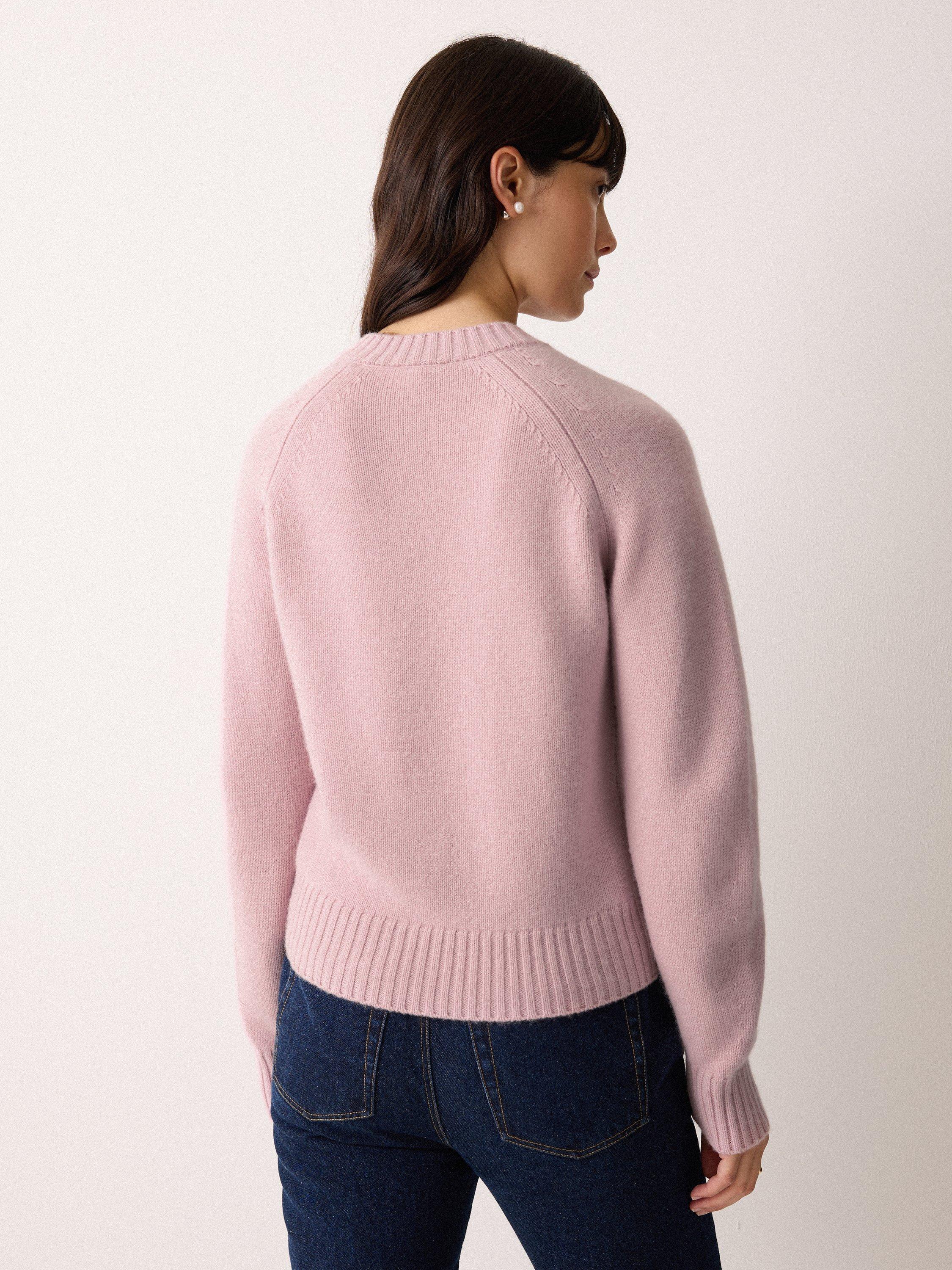 Product image 2 of 5, which shows Jigsaw Satin Trim Wool Rich Cardigan, Pink, XS