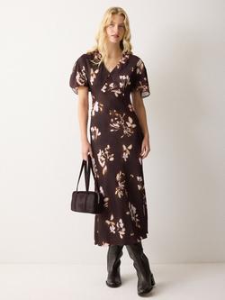 Jigsaw Spray Floral Bias Cut Satin Dress, Purple/Multi, Purple/Multi