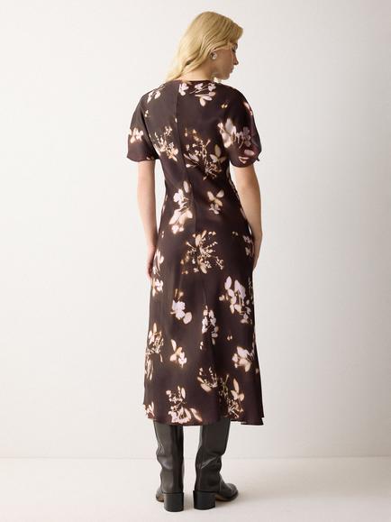 Jigsaw Spray Floral Bias Cut Satin Dress, Purple/Multi - view 2, Purple/Multi