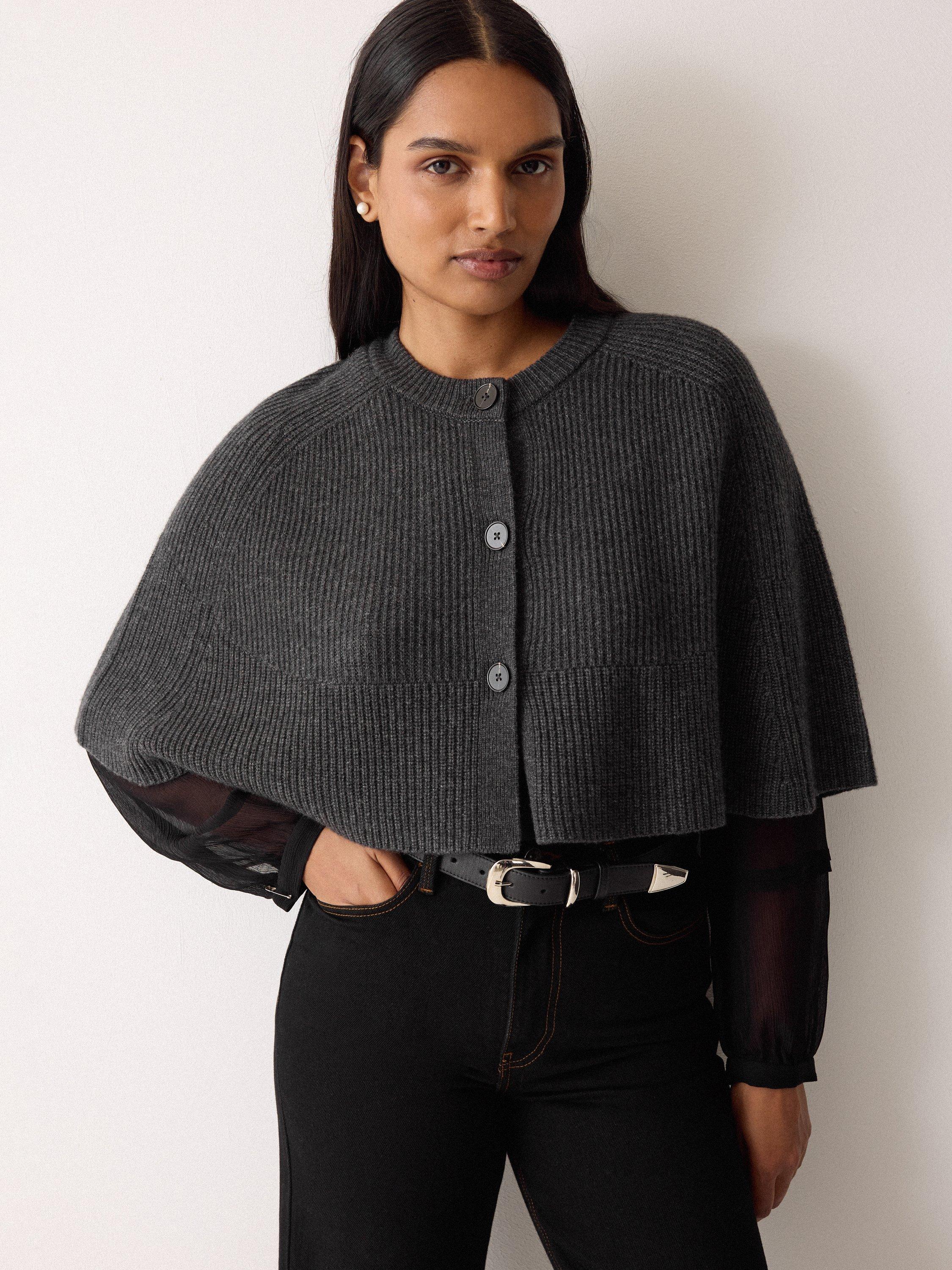 Product image 1 of 5, which shows Jigsaw Boxy Cropped Wool Rich Cape, Charcoal, S-M