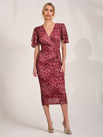 Jolie Moi Animal Print Mesh Angel Sleeve Dress, Pink, Pink