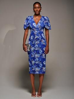 Jolie Moi Floral Angel Sleeve Bodycon Dress, Blue Floral, Blue Floral
