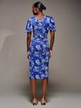 Jolie Moi Floral Angel Sleeve Bodycon Dress, Blue Floral