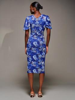 Jolie Moi Floral Angel Sleeve Bodycon Dress, Blue Floral - view 2, Blue Floral
