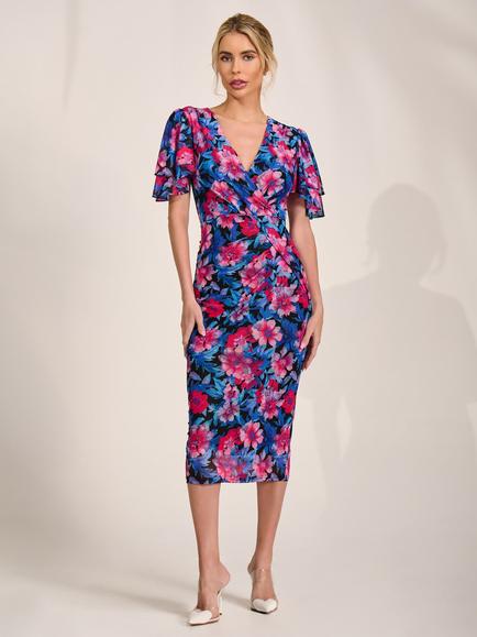 Jolie Moi Floral Angel Sleeve Mesh Dress, Pink, Pink