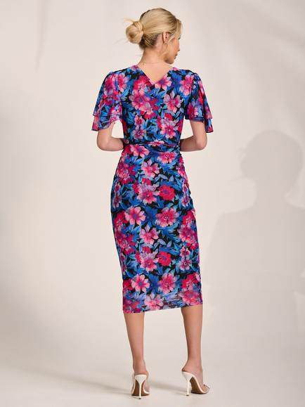 Jolie Moi Floral Angel Sleeve Mesh Dress, Pink - view 2, Pink