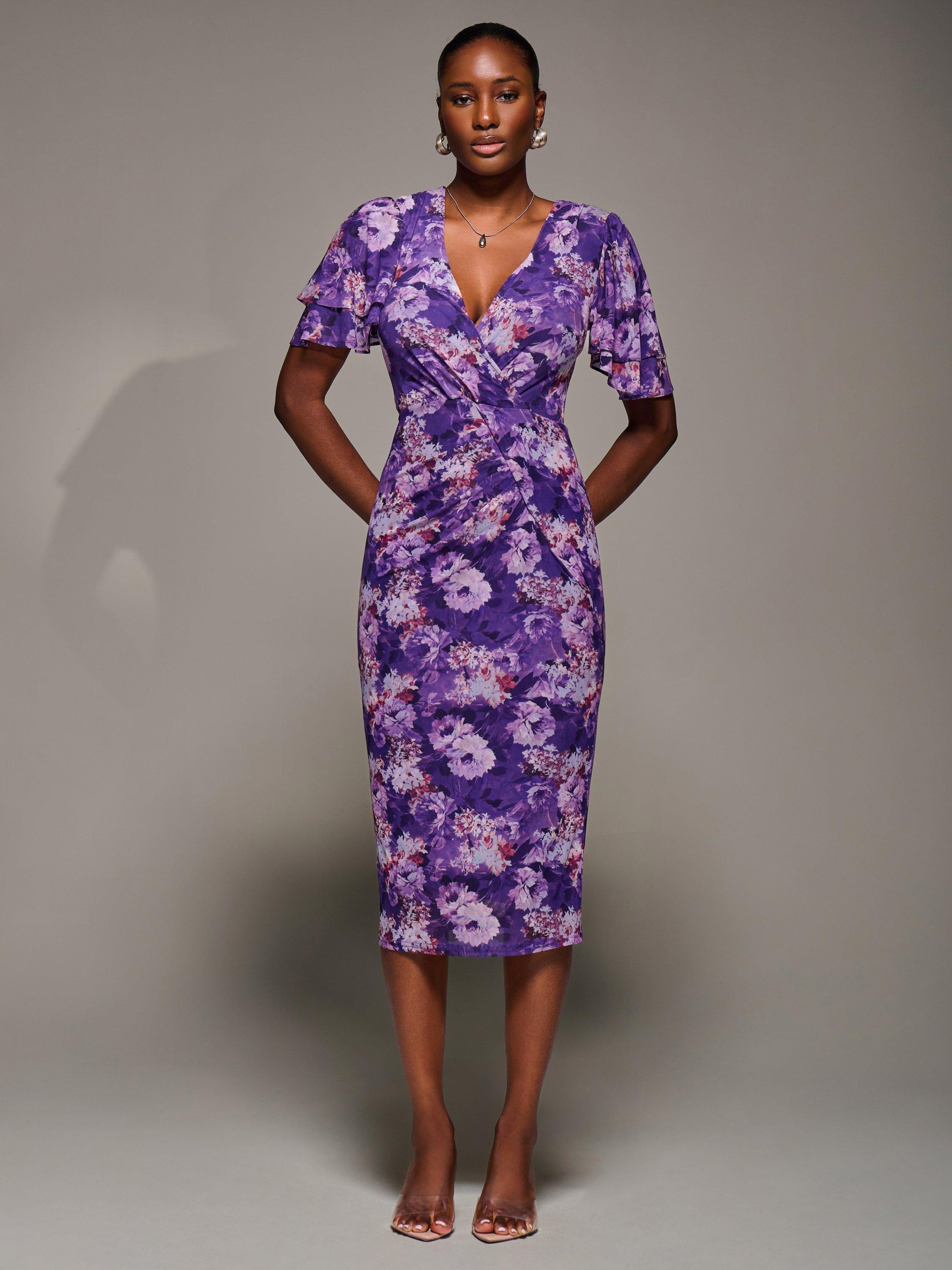 Jolie Moi Floral Bodycon Angel Sleeve Dress, Purple - Main Image