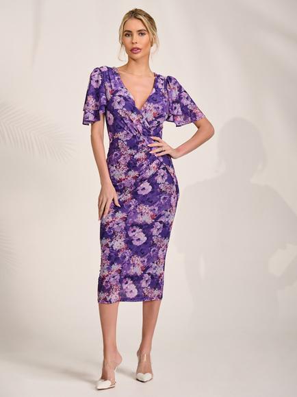 Jolie Moi Floral Bodycon Angel Sleeve Dress, Purple, Purple