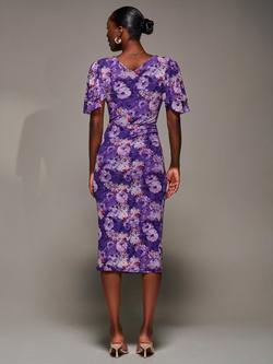 Jolie Moi Floral Bodycon Angel Sleeve Dress, Purple - view 2, Purple