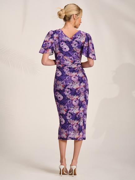 Jolie Moi Floral Bodycon Angel Sleeve Dress, Purple - view 2, Purple
