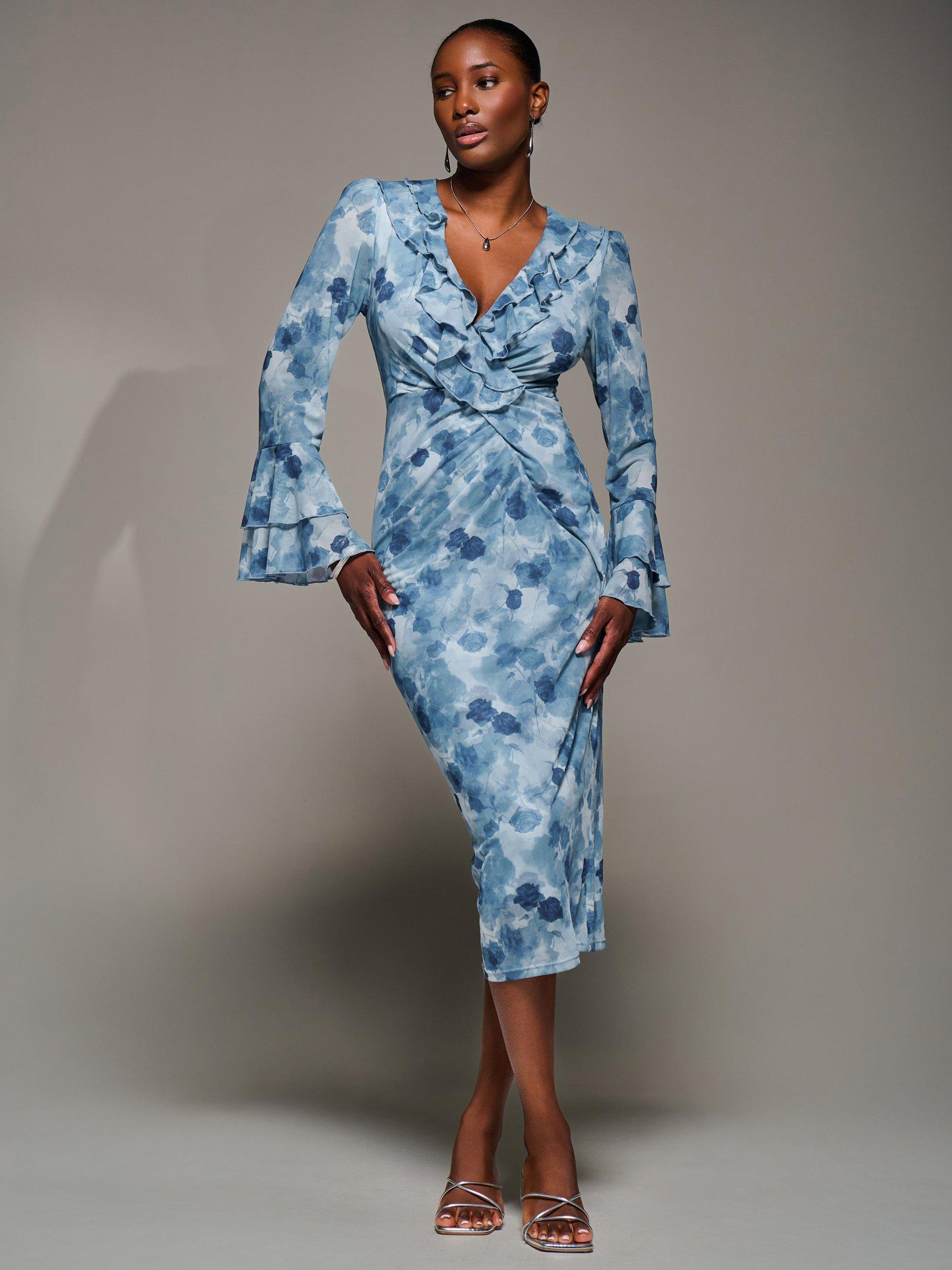 Jolie Moi Floral Frill Sleeve Midi Dress, Blue