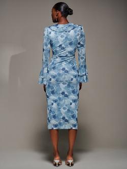 Jolie Moi Floral Frill Sleeve Midi Dress, Blue - view 2, Blue