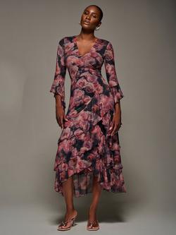 Jolie Moi Floral Mesh Tiered Midaxi Dress, Red, Red