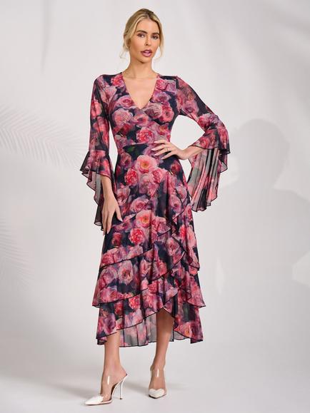 Jolie Moi Floral Mesh Tiered Midaxi Dress, Red, Red