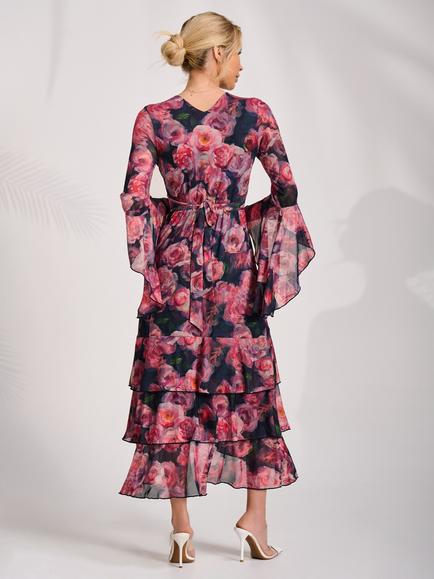 Jolie Moi Floral Mesh Tiered Midaxi Dress, Red - view 2, Red