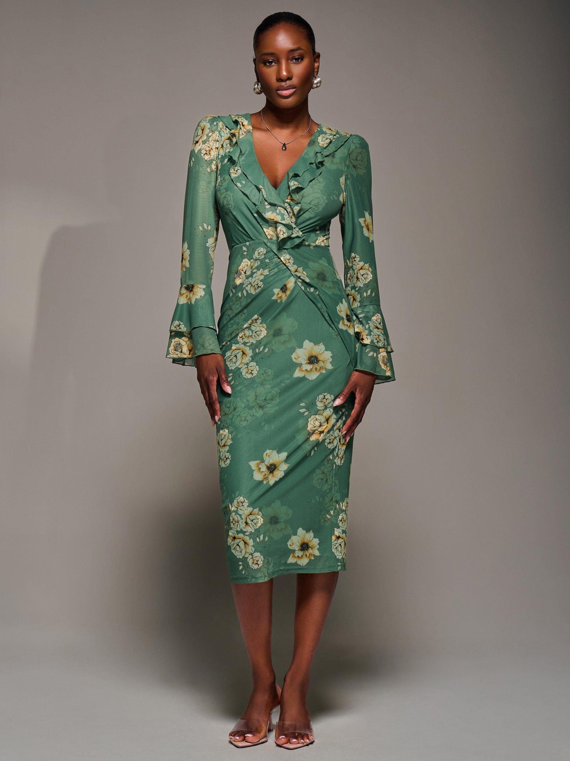 Jolie Moi Floral Frill Sleeve Pleated Dress, Green