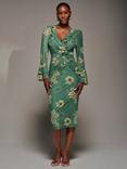 Jolie Moi Floral Frill Sleeve Pleated Dress, Green