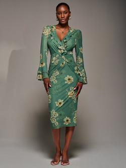 Jolie Moi Floral Frill Sleeve Pleated Dress, Green, Green