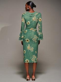 Jolie Moi Floral Frill Sleeve Pleated Dress, Green - view 2, Green