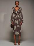 Jolie Moi Floral Frill Sleeve Wrap Midi Dress, Brown